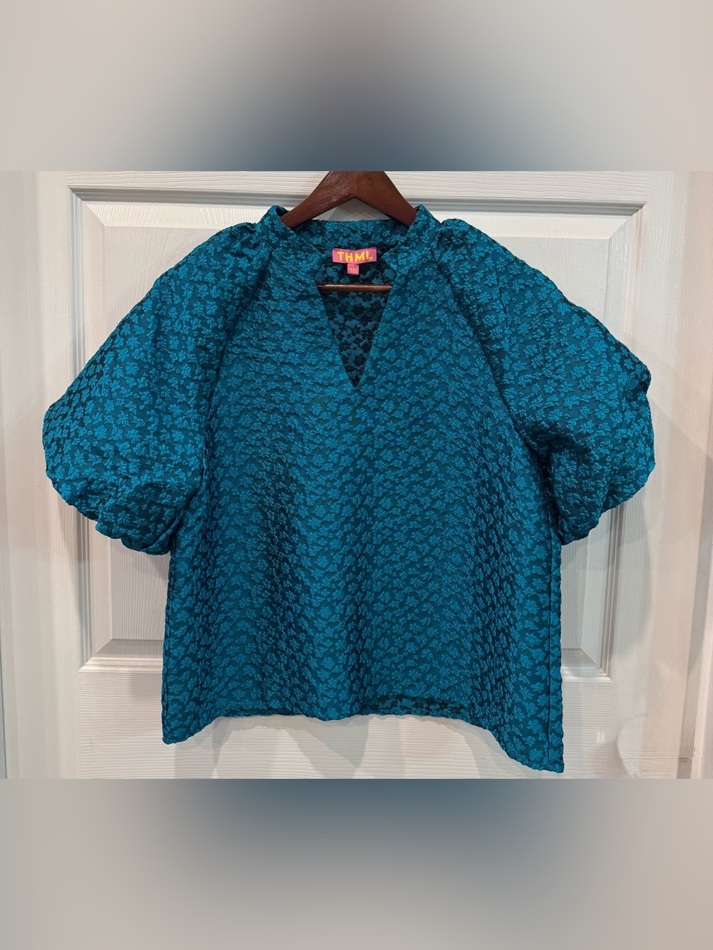THML Mandarin Collar Teal Green Blue Jacquard Puff Sleeve Poppy Top Size L